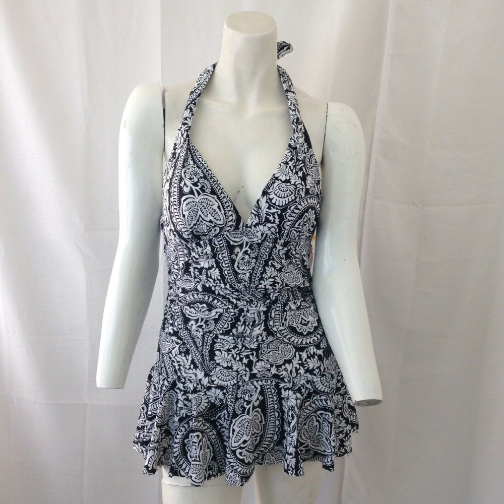 Rose Marie Reid Black White Halter Swimdress Lg